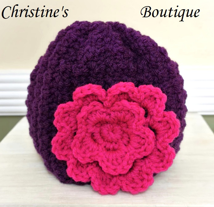 Handmade crochet hat, infant size hat, color purple and pink large flower beanie style hat