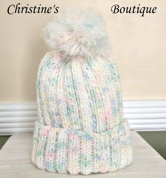 Handmade knit hat, child size hat, color multi pastel color - Click Image to Close