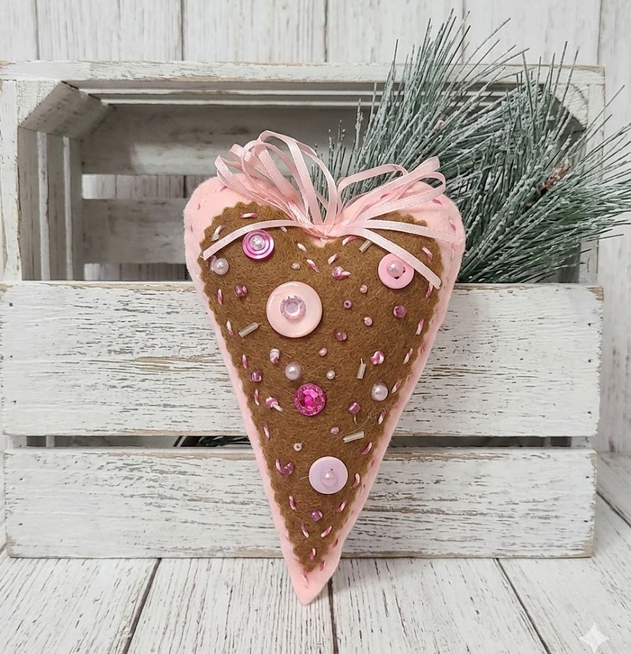 Felt and embroidery oblong heart ornament -Gingerbread Pink Felt and embroidery oblong heart ornament -Gingerbread Pink