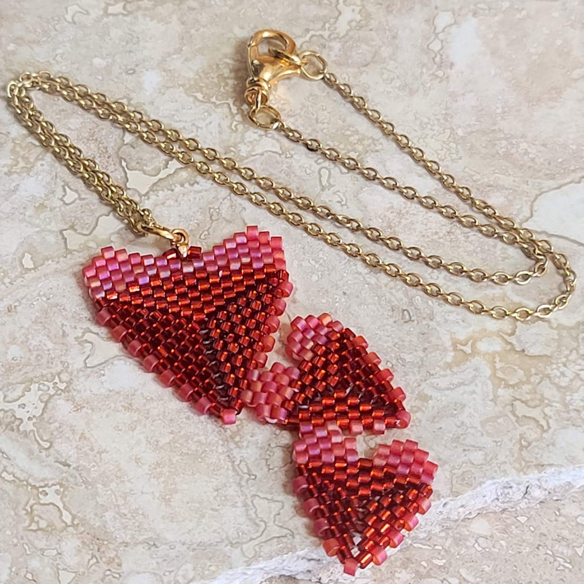 3 Red heart peyote stitch glass bead pendant necklace