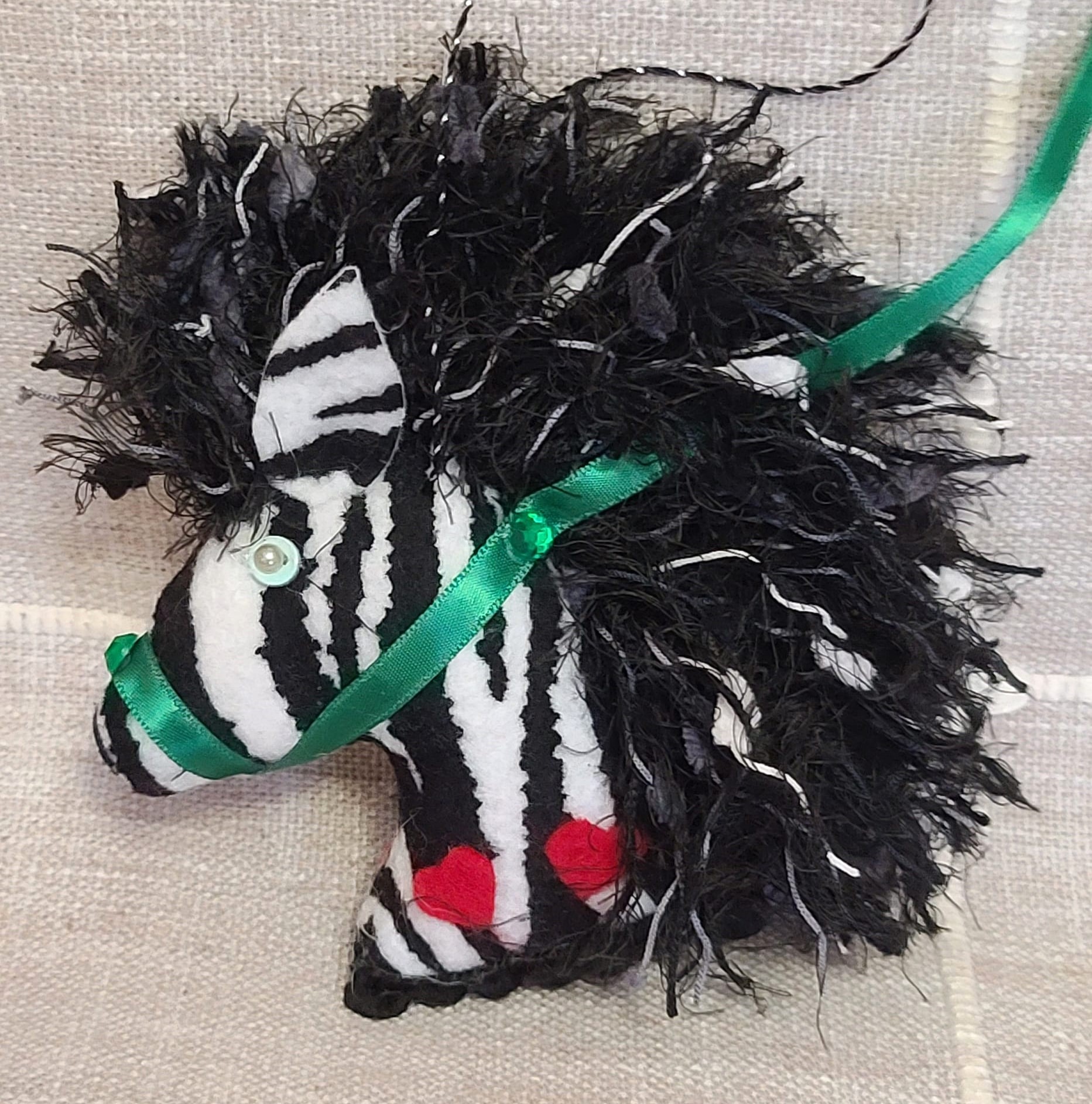 Felt velvet zebra with mane christmas ornament with hearts