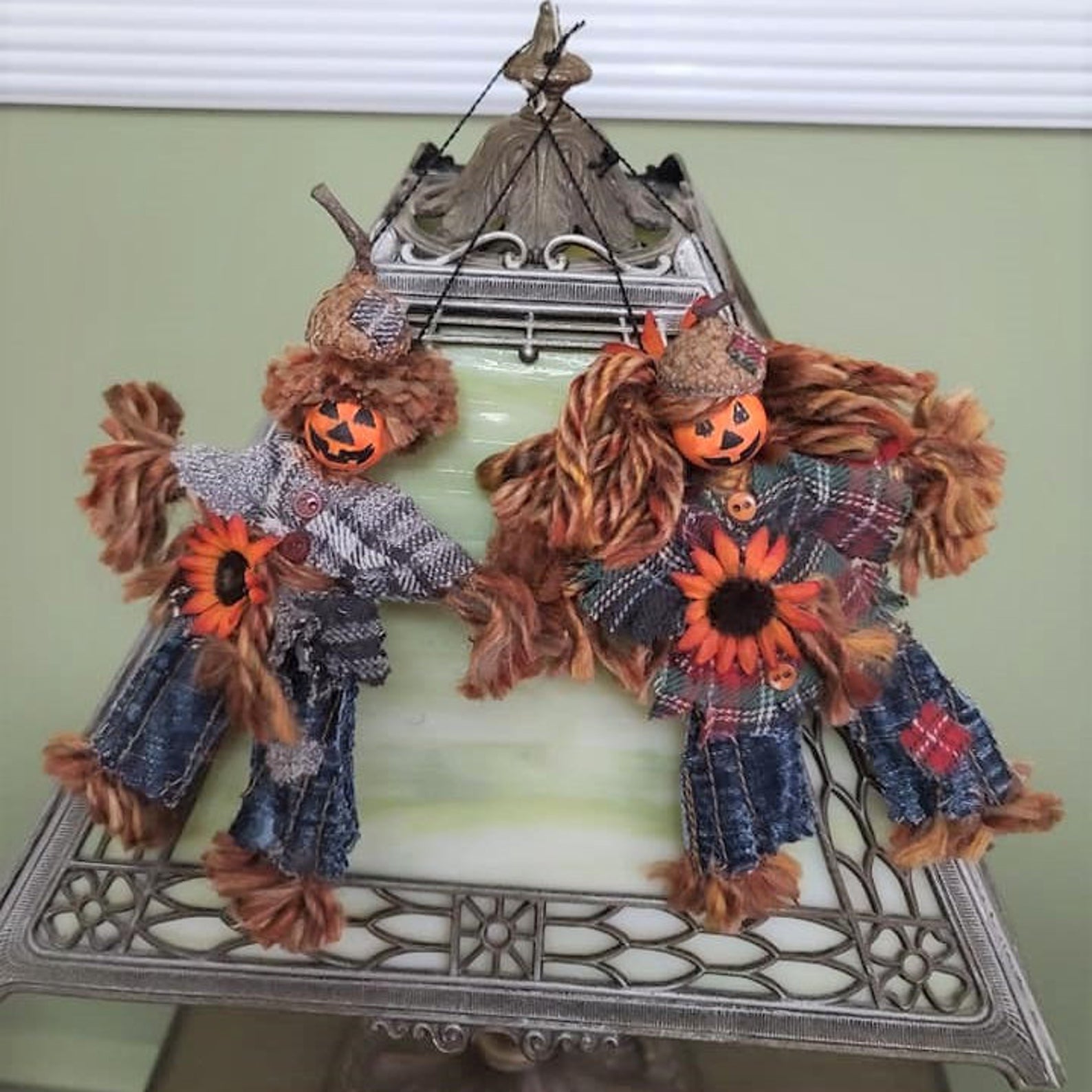 Halloween Primitive Pumpkin Scarecrow Ornaments Set of 2