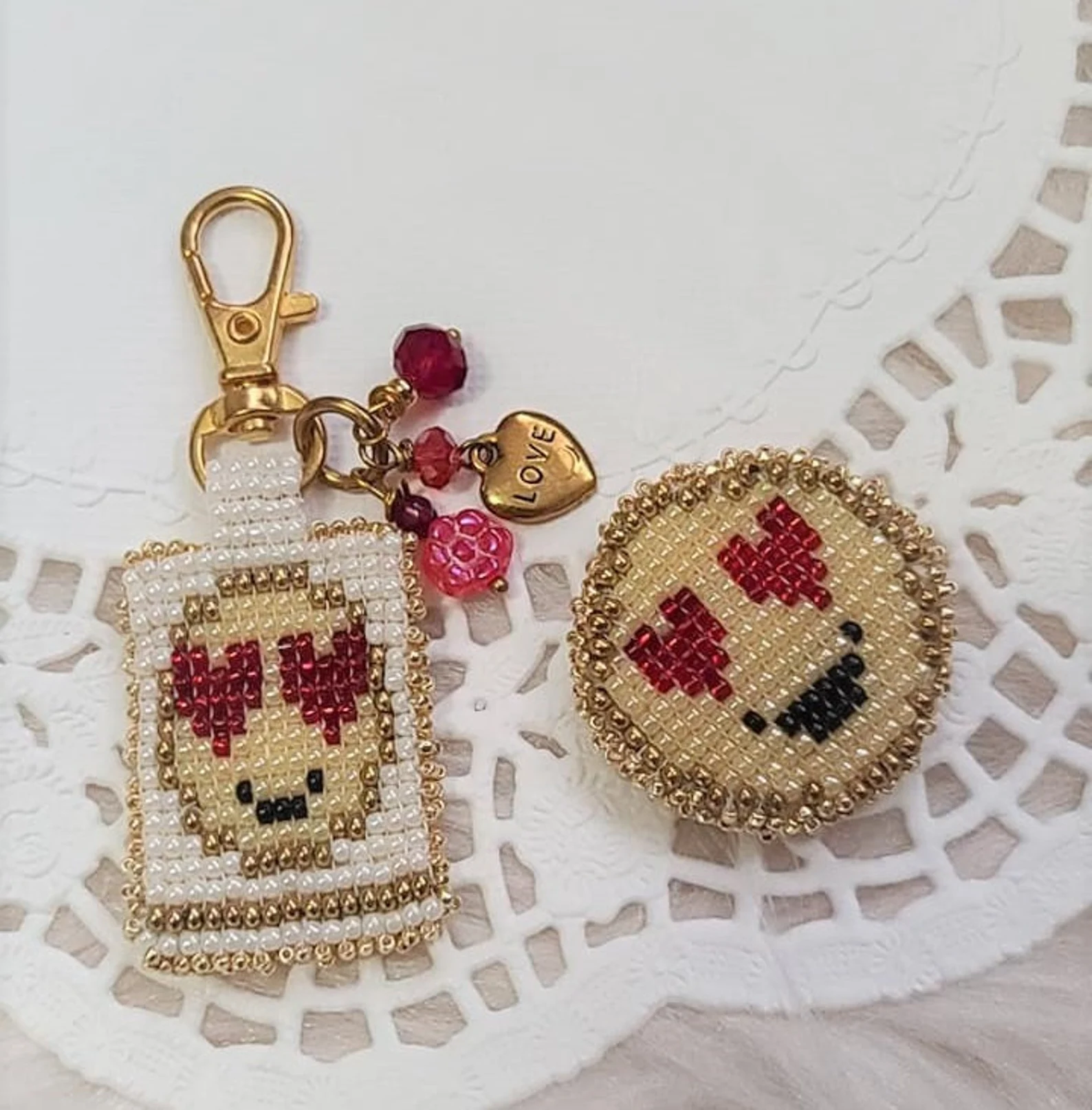 Handmade Emoji Heart Pin and Keychain Set