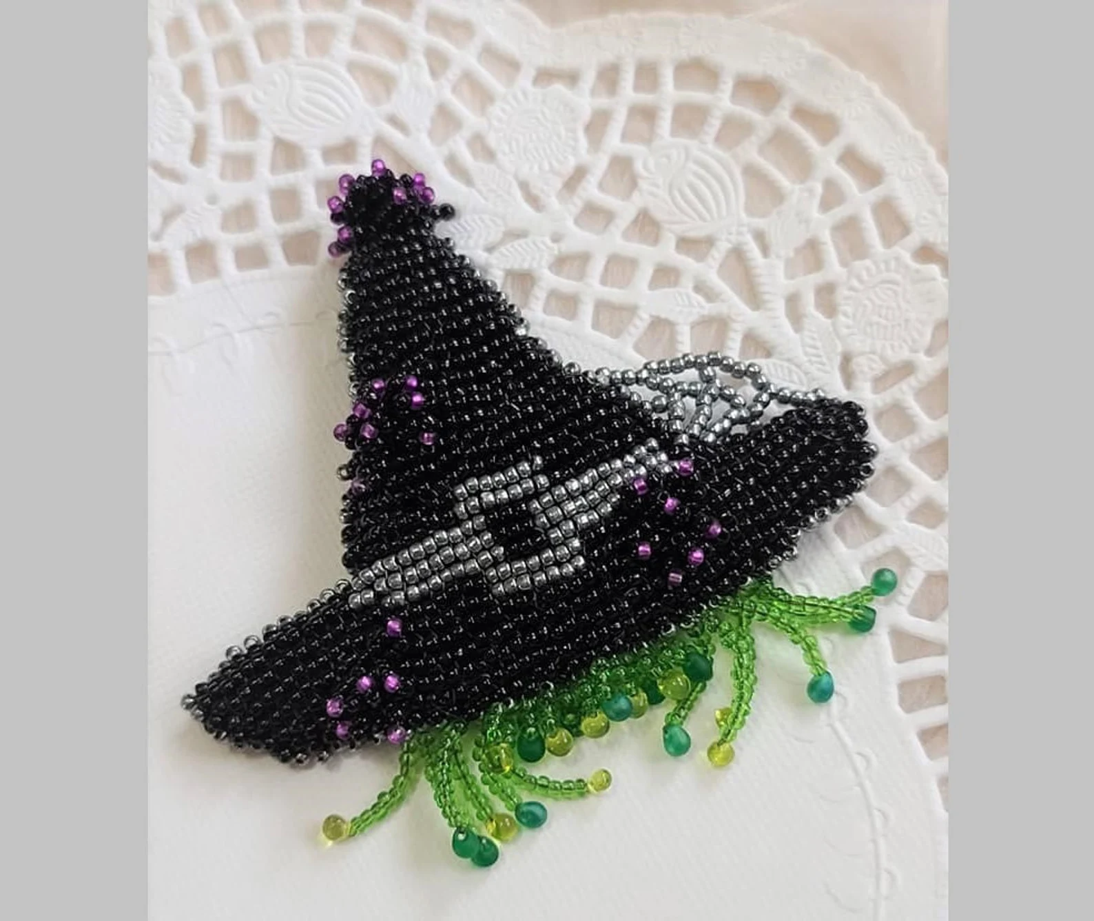 Bead embroidery halloween hat with witch hair brooch