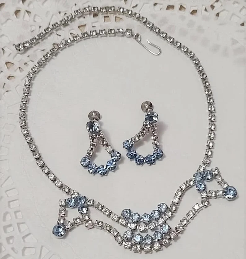 Light Blue & White Rhinestone Demi Necklace & Earrings