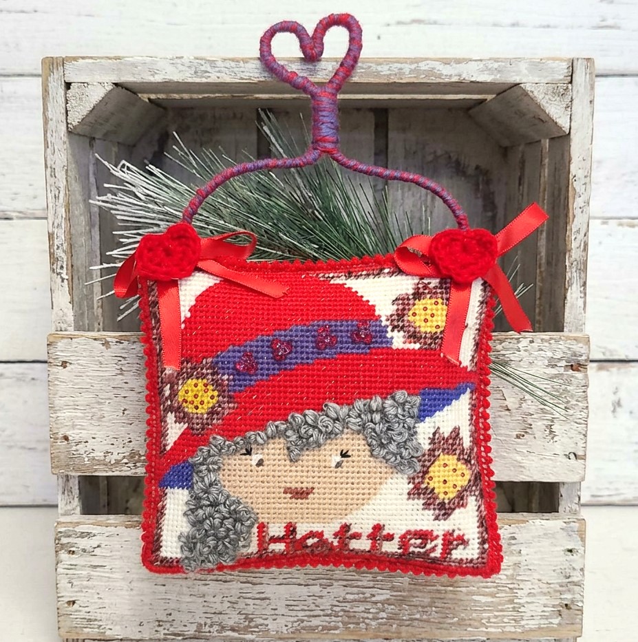 Needlepoint Red Hat Lady pillow hanger ornament