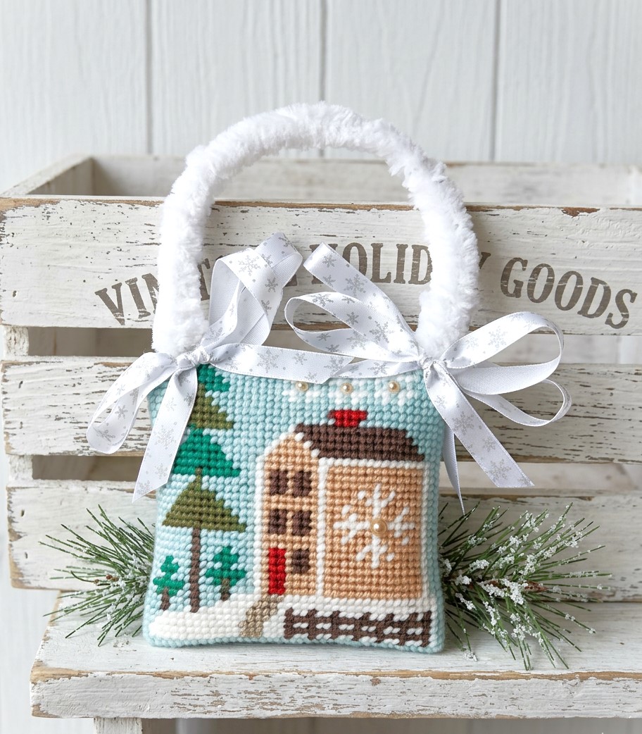 Needlepoint winter scene barn and evergreen hanger ornament