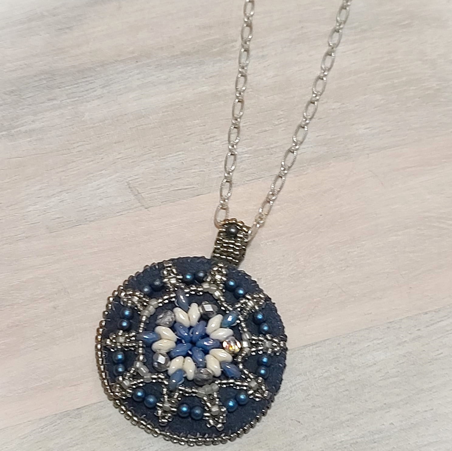 Bead embroidery medallion pendant necklace, blue suede, glass