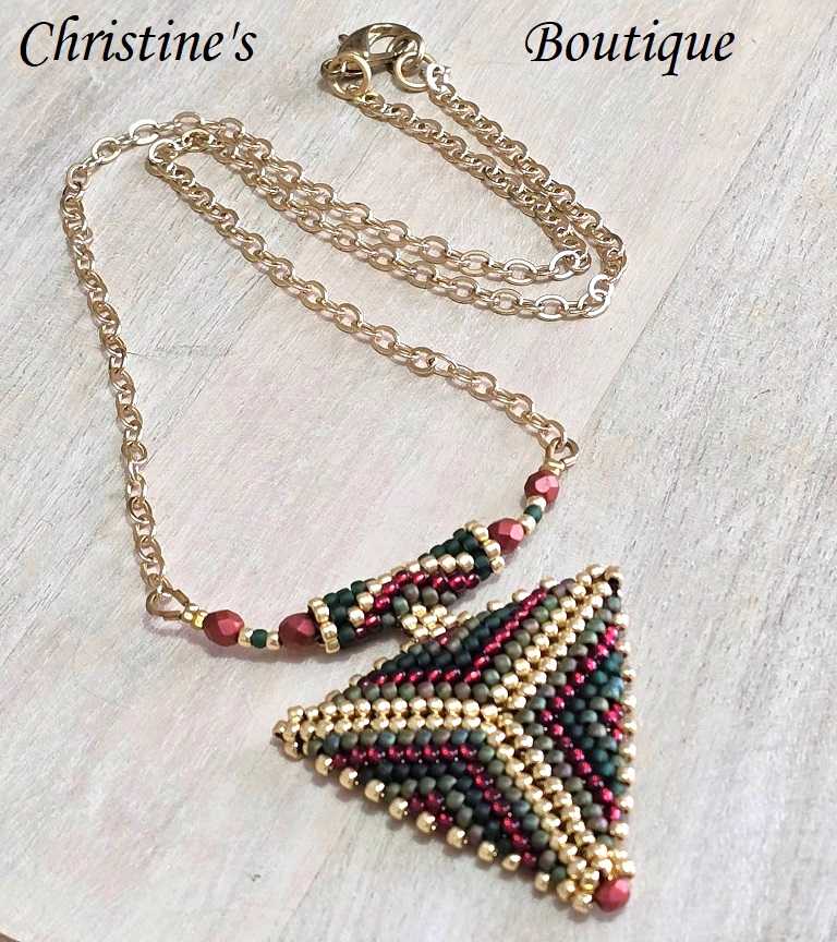 Beaded necklace,handcrafted, miyuki glass beads, triangle pendant necklace, red, green and gold striped pendant