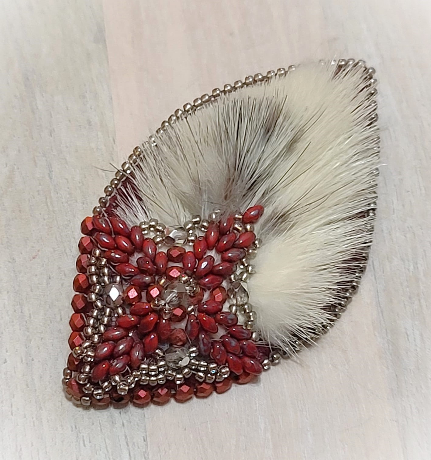 Bead and crystal pin, mink fur accents, handcrafted,