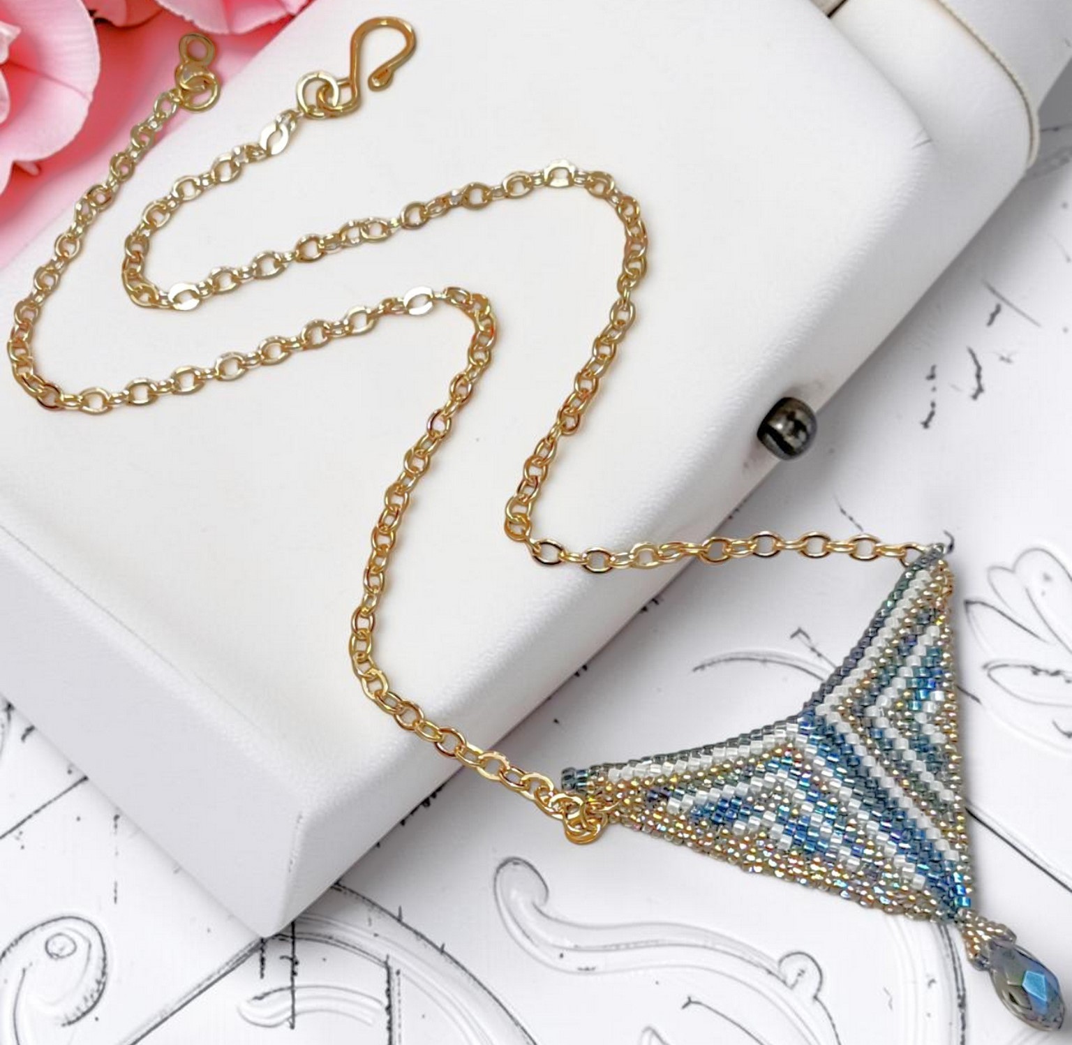 Miyuki glass pendant necklace, blue, white and gold stripes and crystals