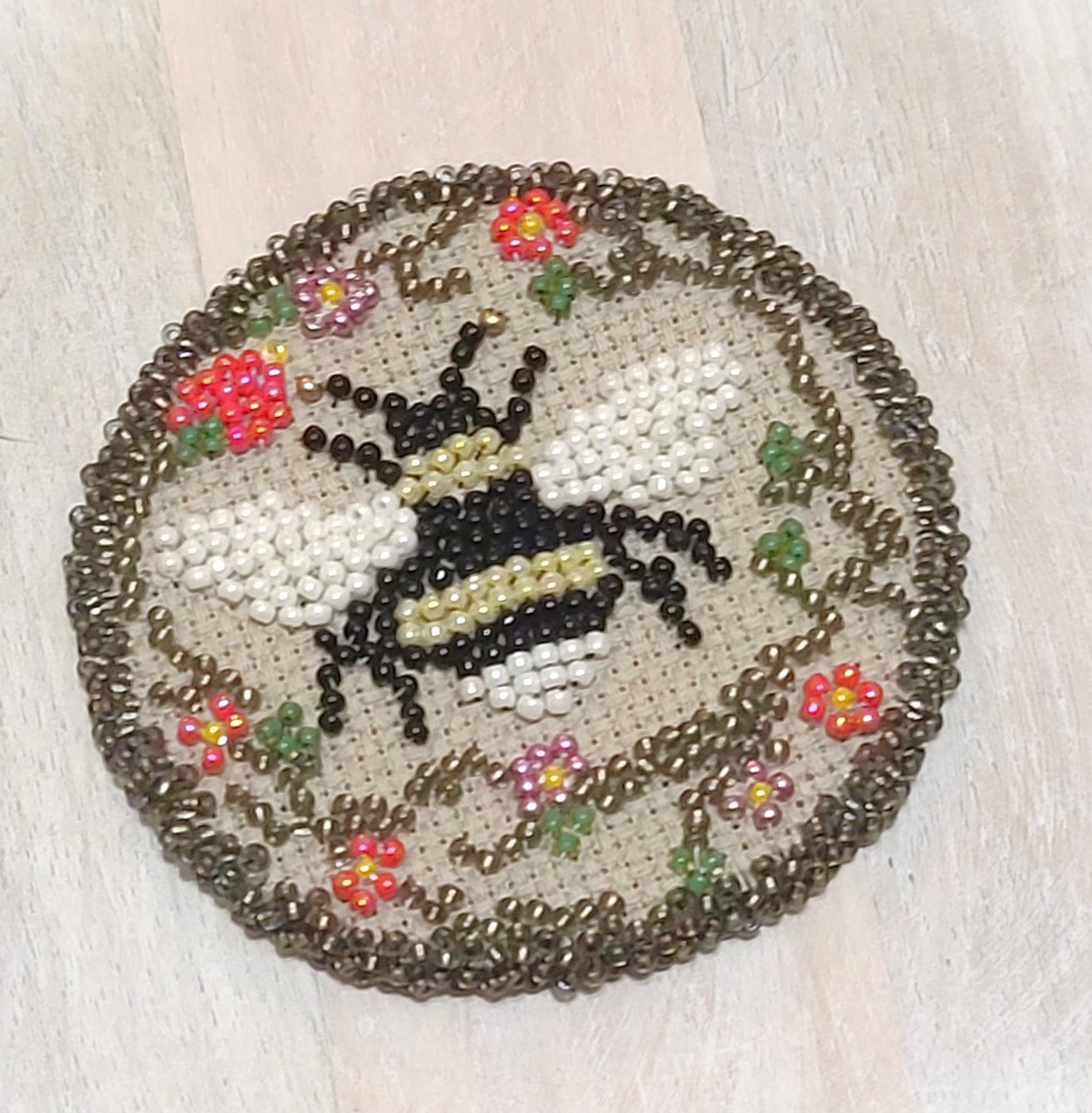 Beaded cross stitch Bee in the garden handcrafted pin