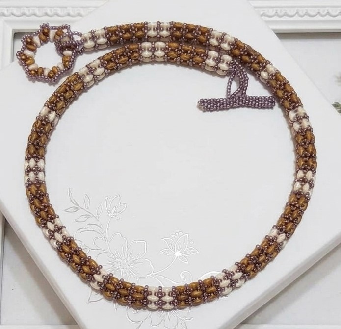 Beaded rope necklace, handcrafted, glass super duos and crystals