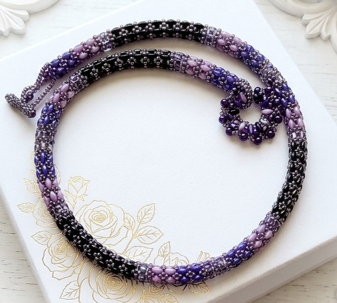 Beaded rope necklace, handcrafted, glass super duos and crystals
