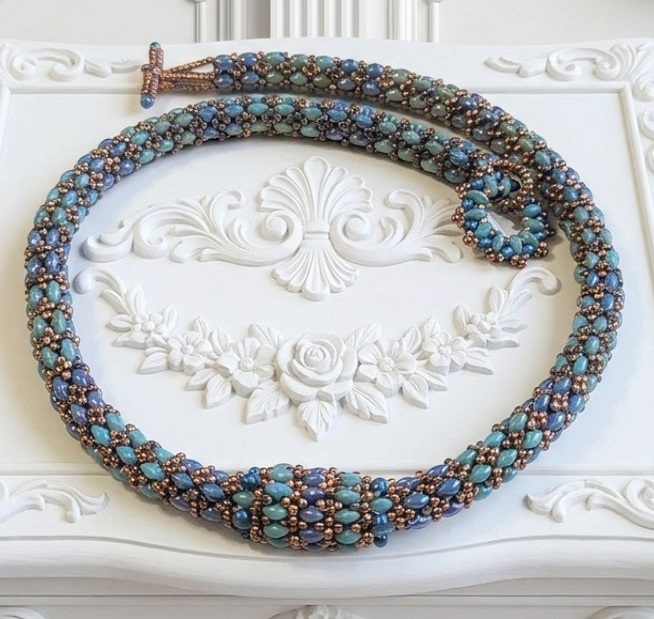 Beaded rope necklace, handcrafted, glass super duos and crystals