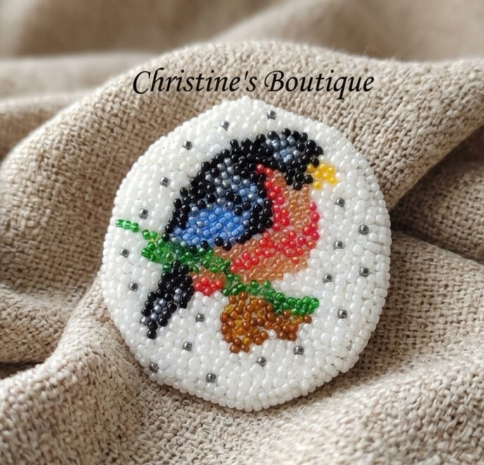 Bird Pin handmade bead embroidery
