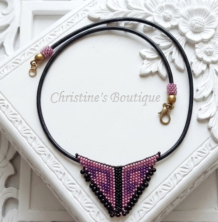 Miyuki glass beaded triangle pendant on black leather necklace