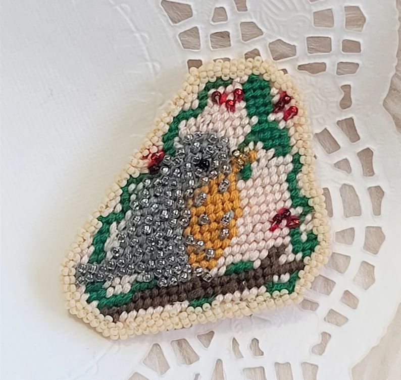 Needlepoint and beaded Bird on a branch Pin Brooch