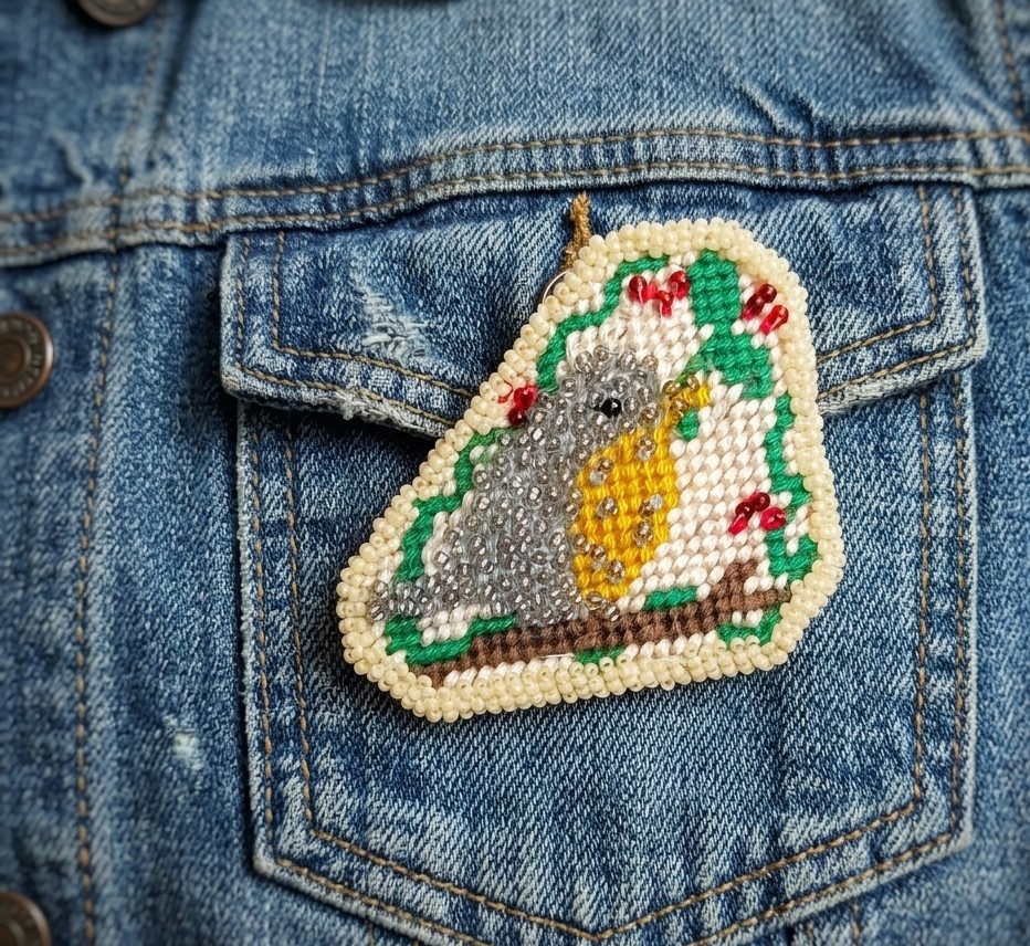 Bird Pin handmade needlepoint and beading