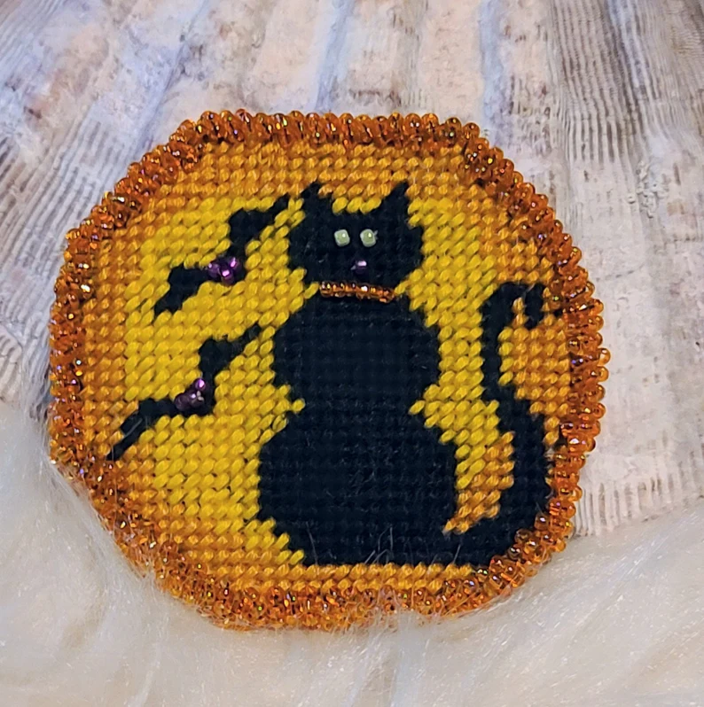 Needlepoint and beaded Halloween Cat by the Moon Pin Brooch