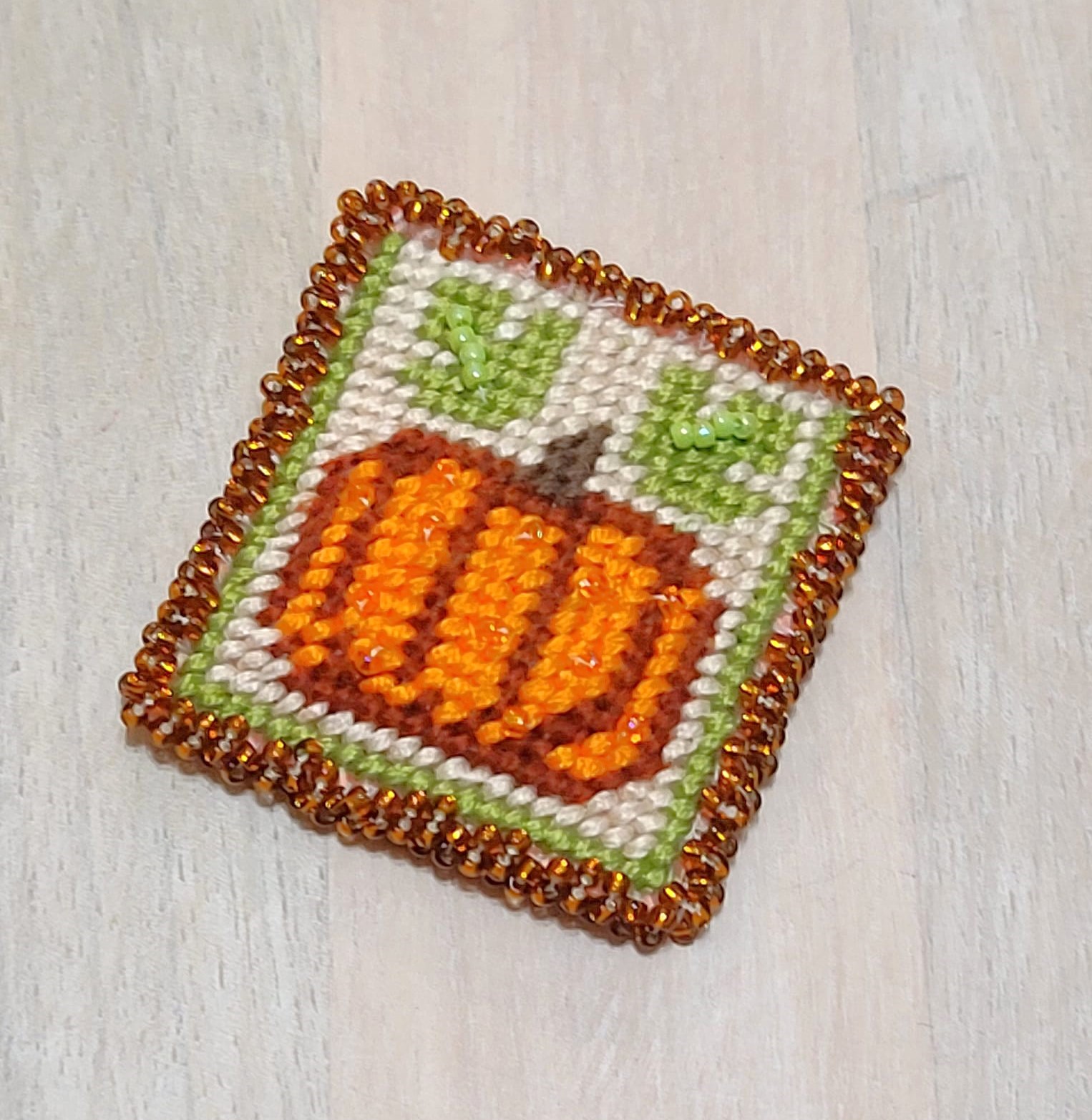 Pumpkin pin, handcrafted, needlepoint and beadwork