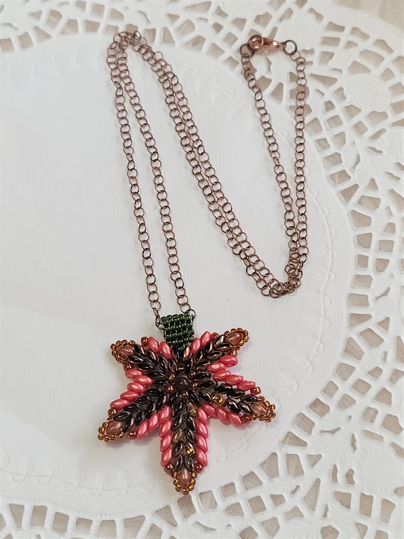 Glass beaded Maple Leaf Pendant Necklace