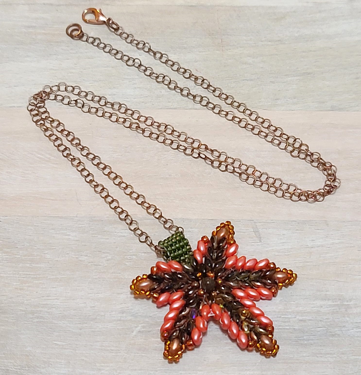 Maple leaf pendant neckace, handcrafted, miyuki glass beads