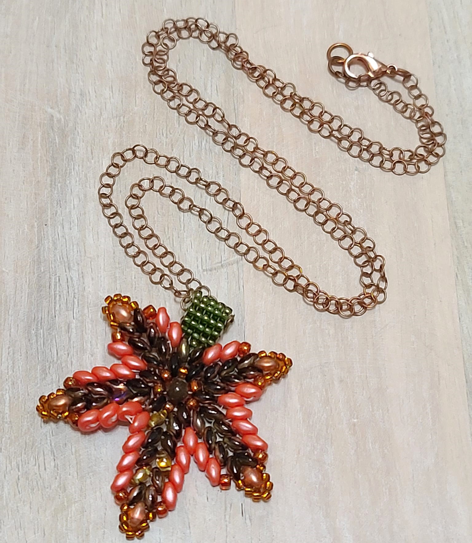 Maple leaf pendant neckace, handcrafted, miyuki glass beads