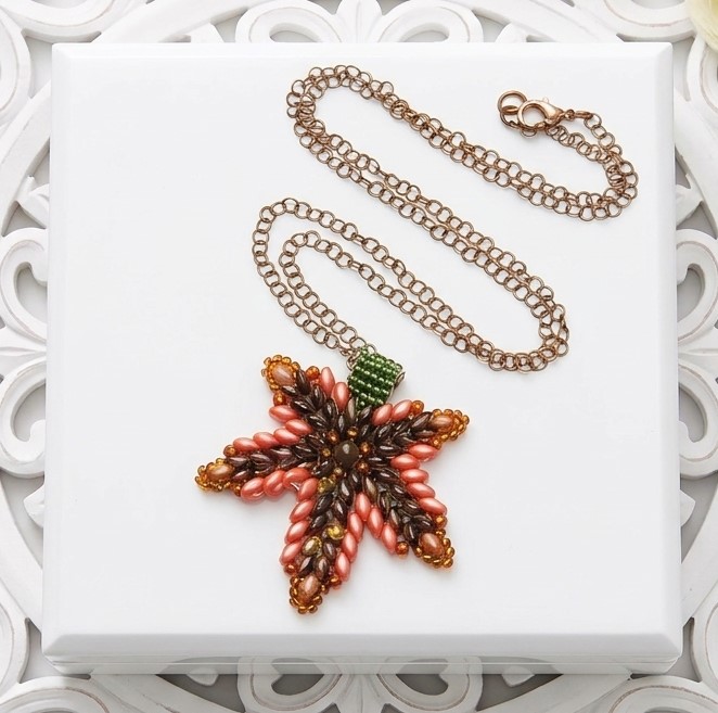 Maple leaf pendant neckace, handcrafted, miyuki glass beads