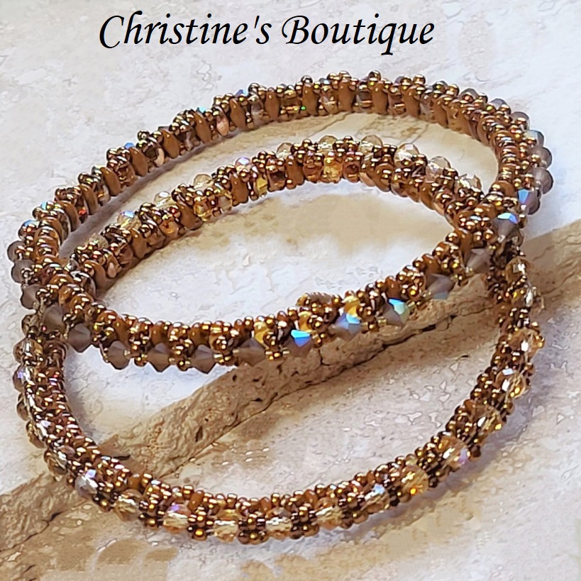 Set of two glass beaded bangle bracelets, glass and crystals - Click Image to Close