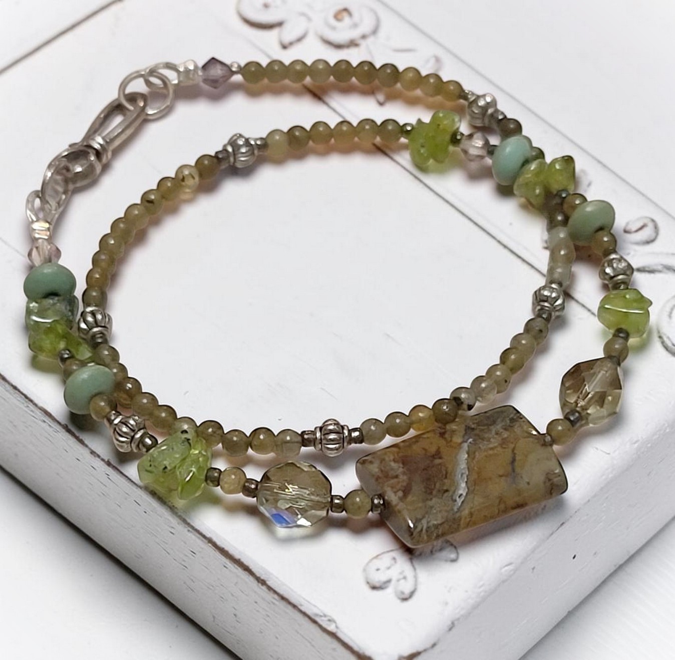 Two Row Wrap Bracelet with Olive Green Quartz and Peridot Gemstones