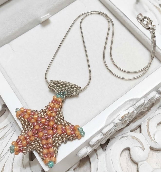 Starfish pendant necklace, handcrafted, glass beads, sterling silver chain