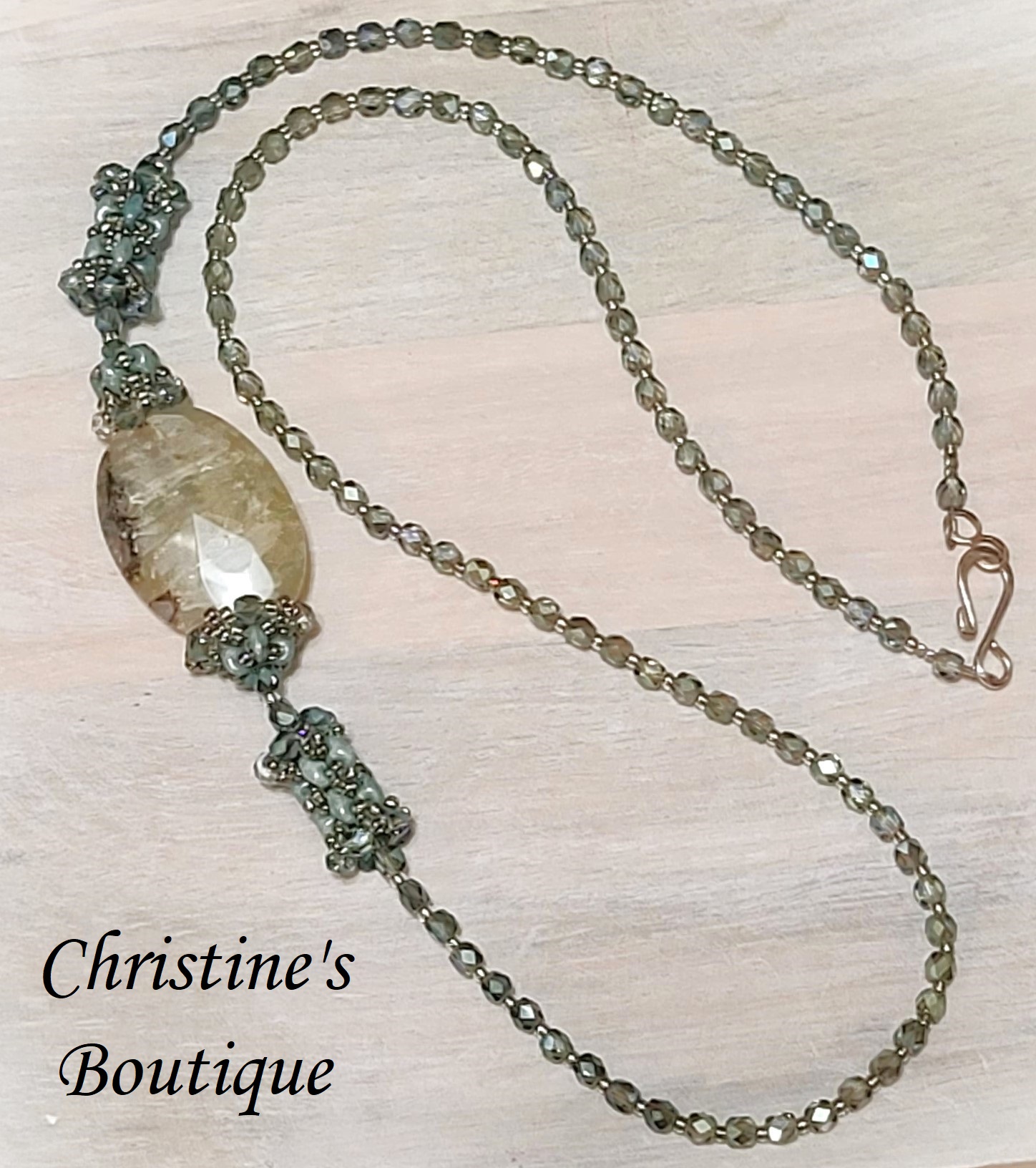 Gemstone and crystal necklace, green agate, green aurora crystal - Click Image to Close