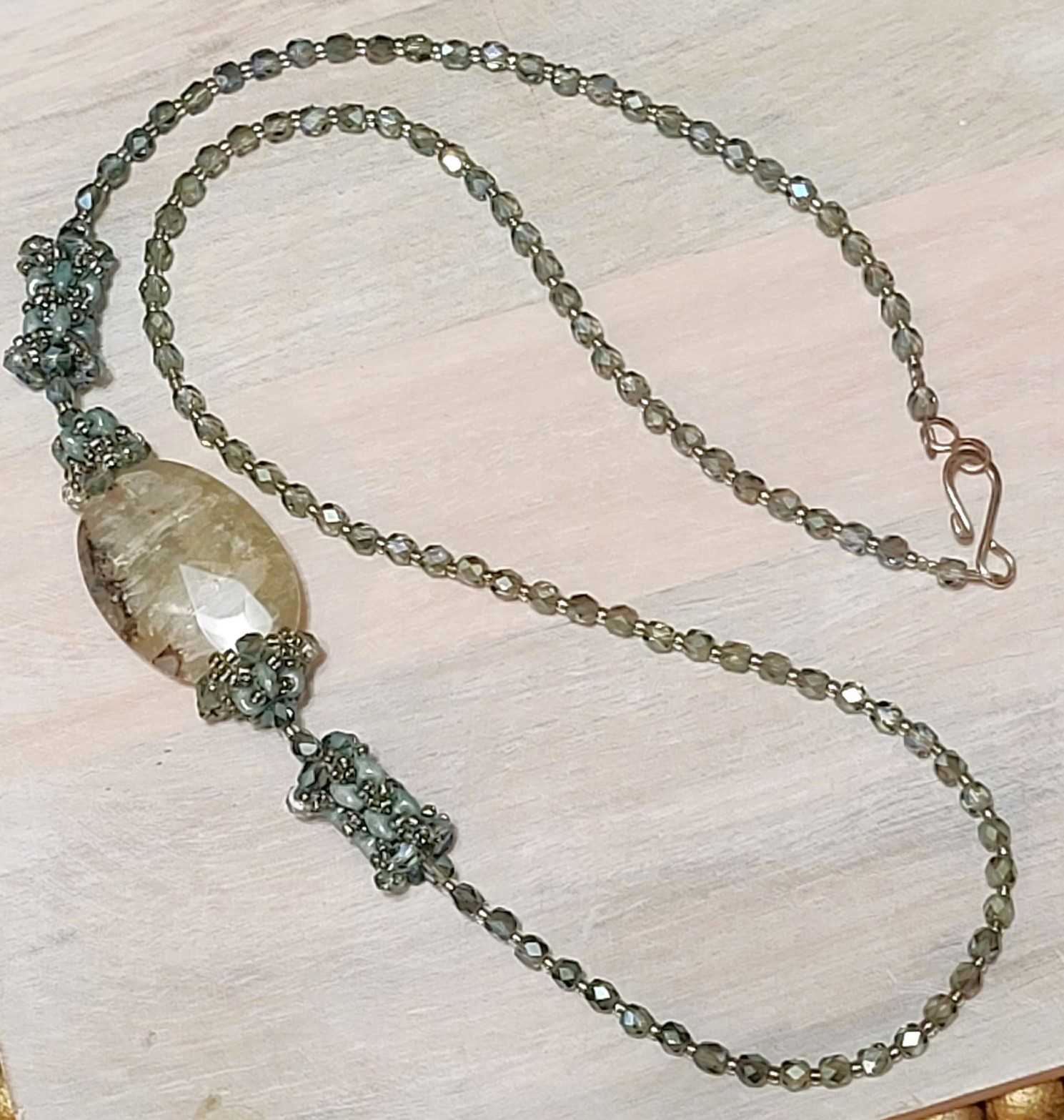 Gemstone and crystal necklace, green agate, green aurora crystal