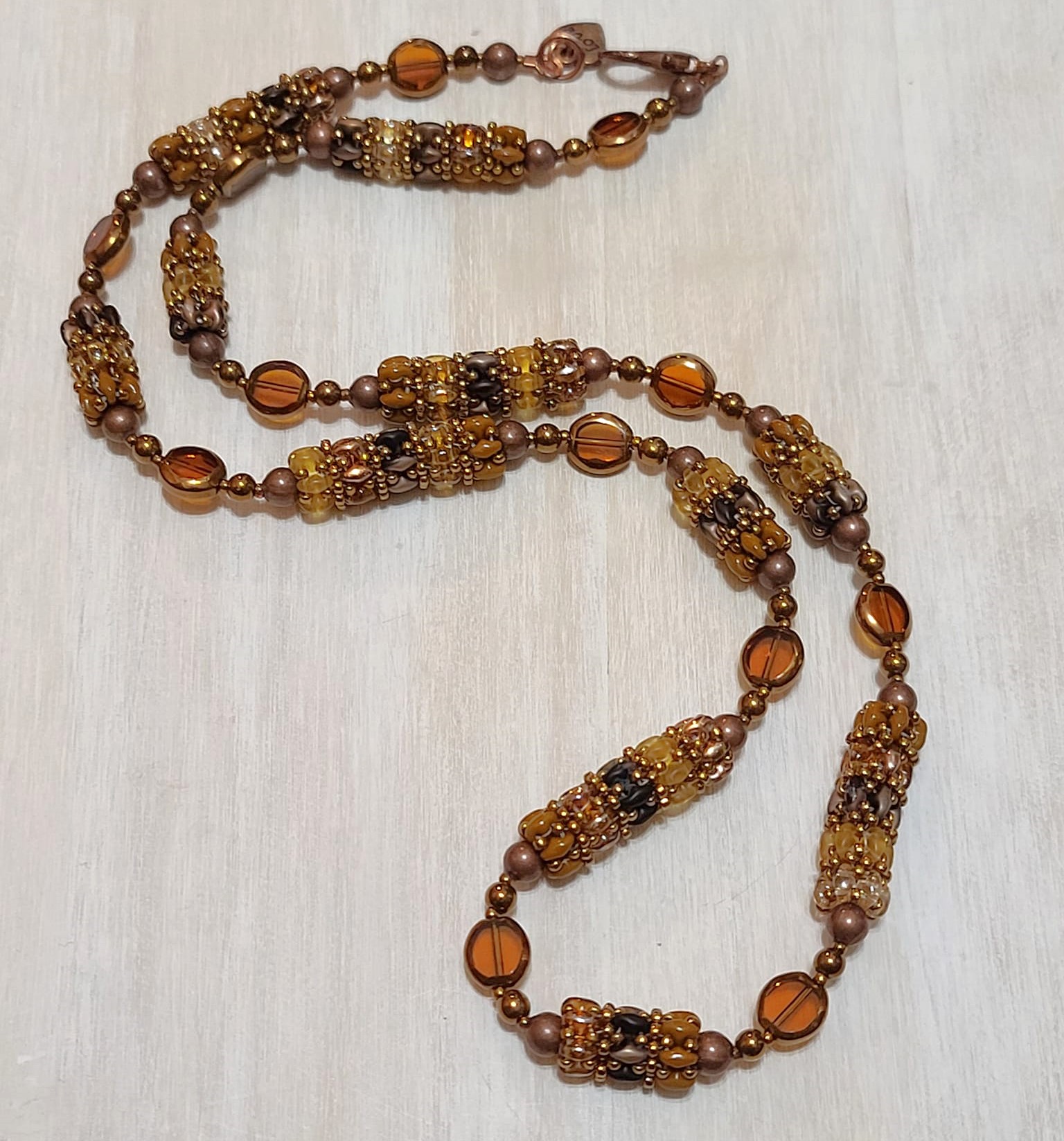 Handcrafted beaded necklace, glass super duos, crystals