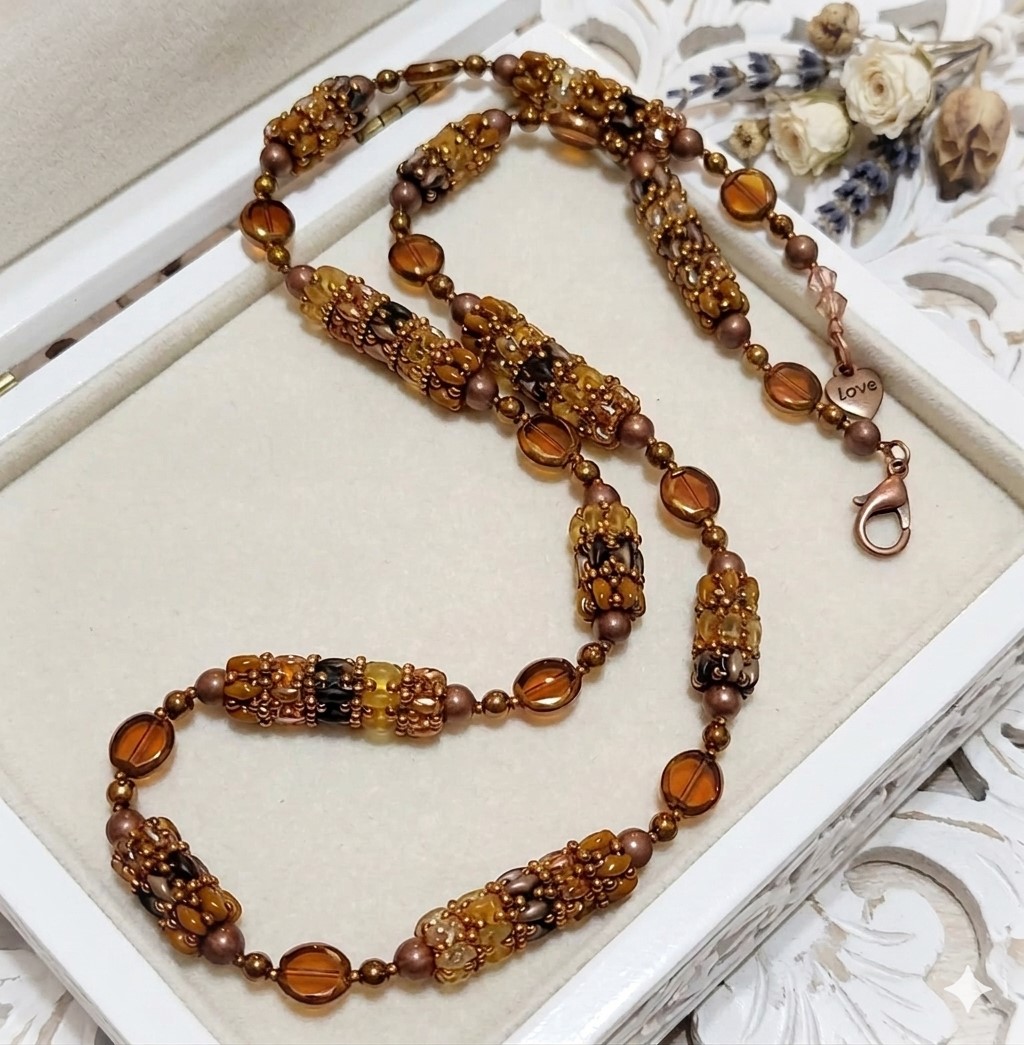 Handcrafted beaded necklace, glass super duos, crystals