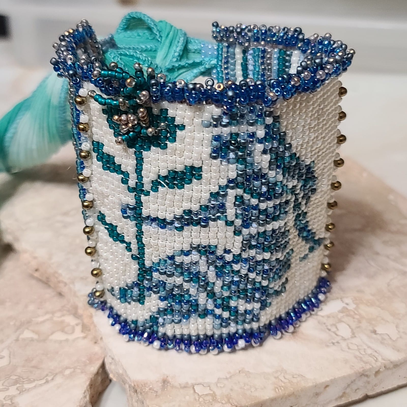 Aquarius Girl Water Bearer hand beaded corset cuff bracelet