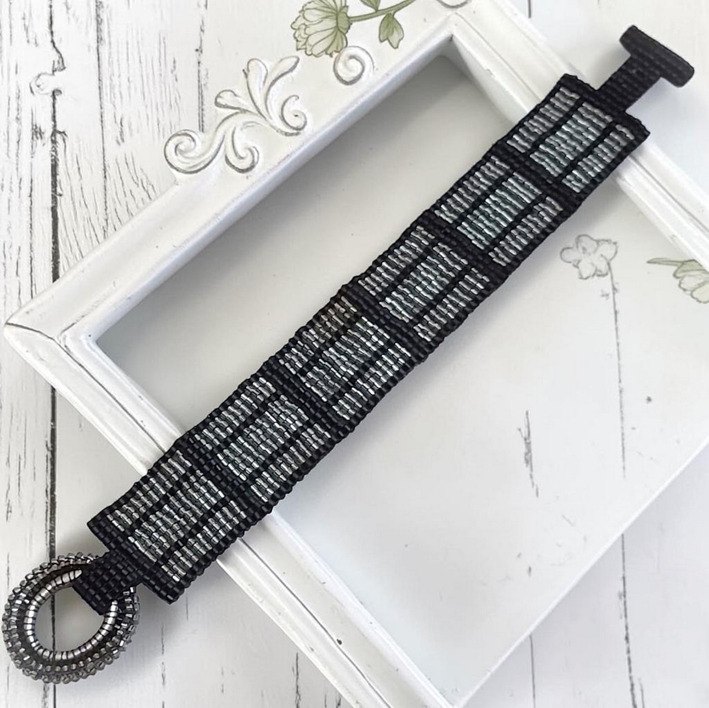 Miyuki Glass Beaded Black and Silver Bracelet