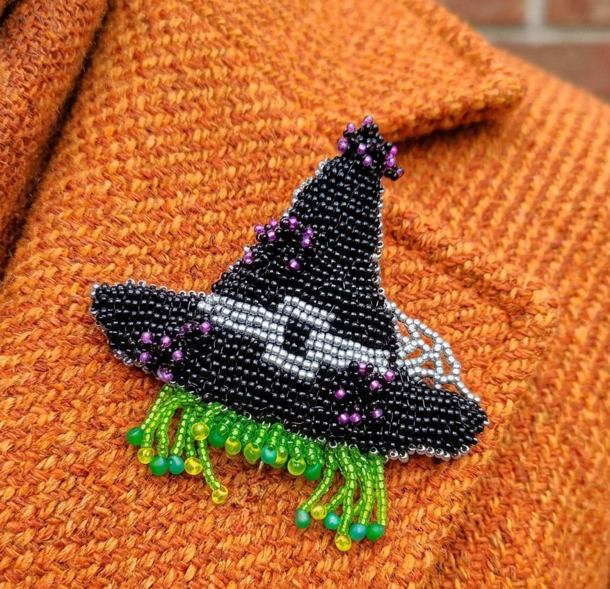 Beaded witch hat with cobwebs bead embroidery - Click Image to Close