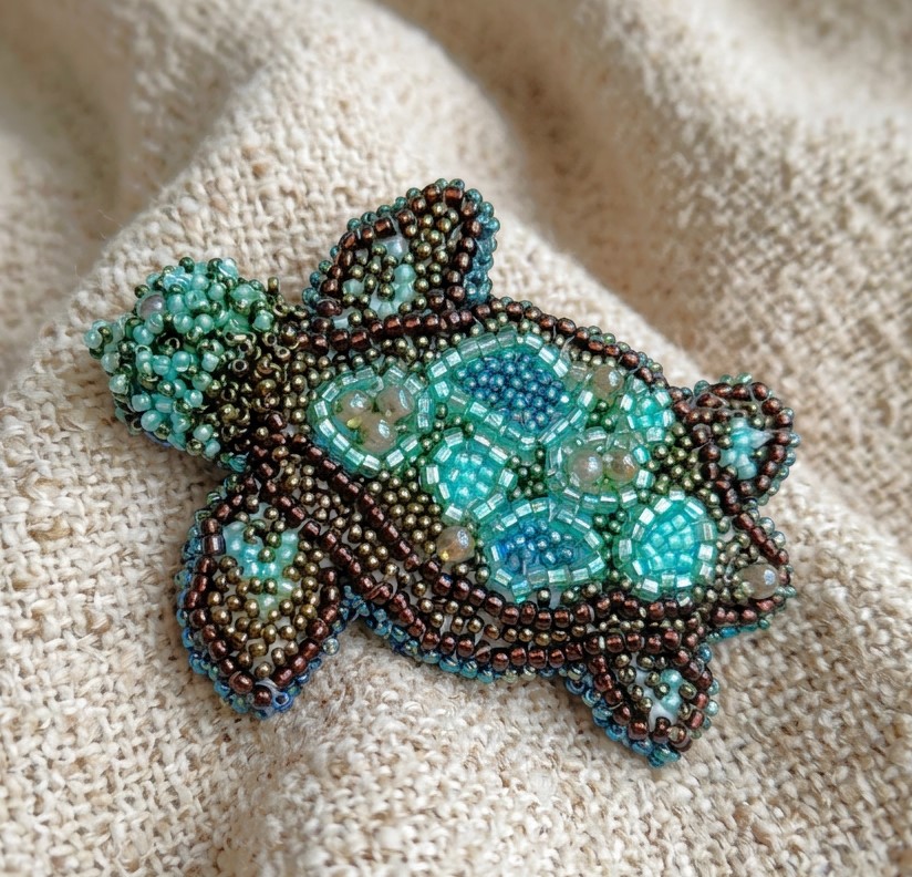 Turtle pin, handcrafted, bead embroidery, glass and crystals