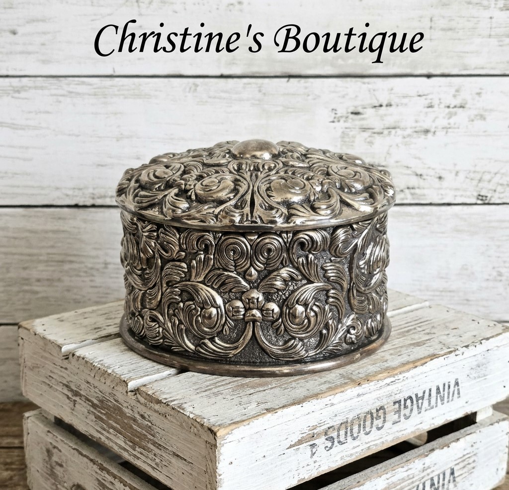 Silver plated scrolled jewelry box, keepsake box, vanity item, trinket box