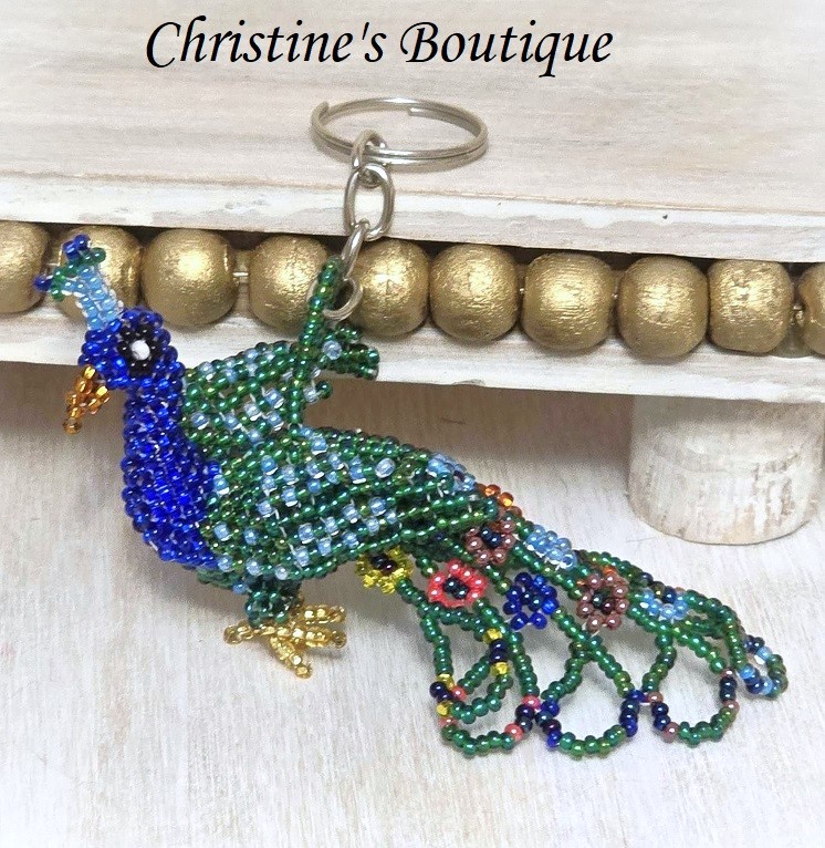Peacock keychain, keyfob charm, glass seed bead peacock - Click Image to Close