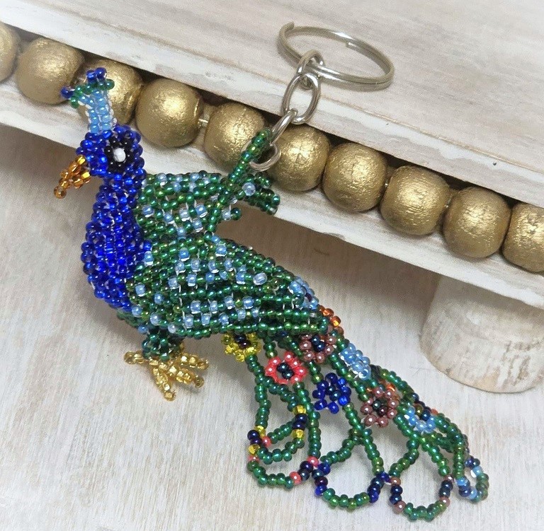 Peacock keychain, keyfob charm, glass seed bead peacock