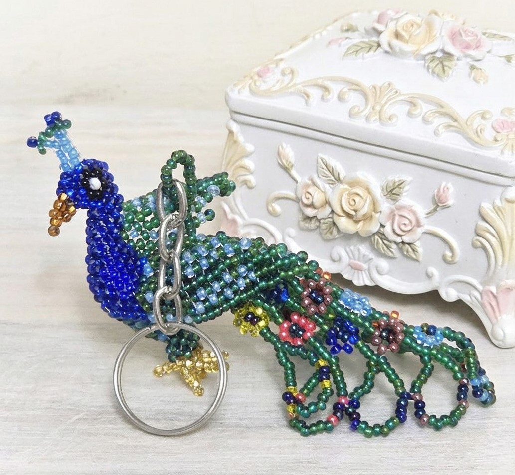 Glass Seed Bead 3D Peacock Figure Keychain
