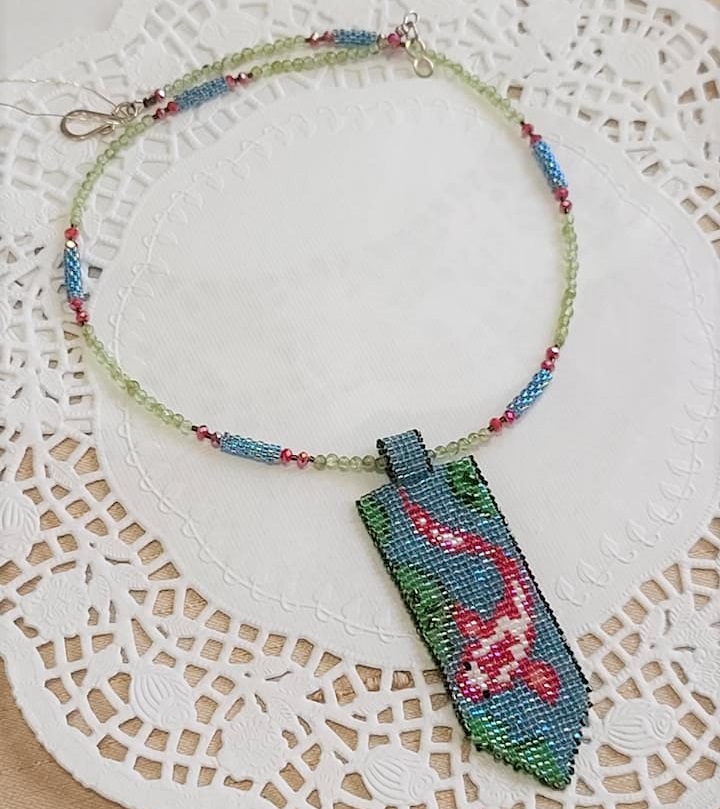 Koi Fish Hand Stitched Pendant Necklace w/Jade Gems Accents