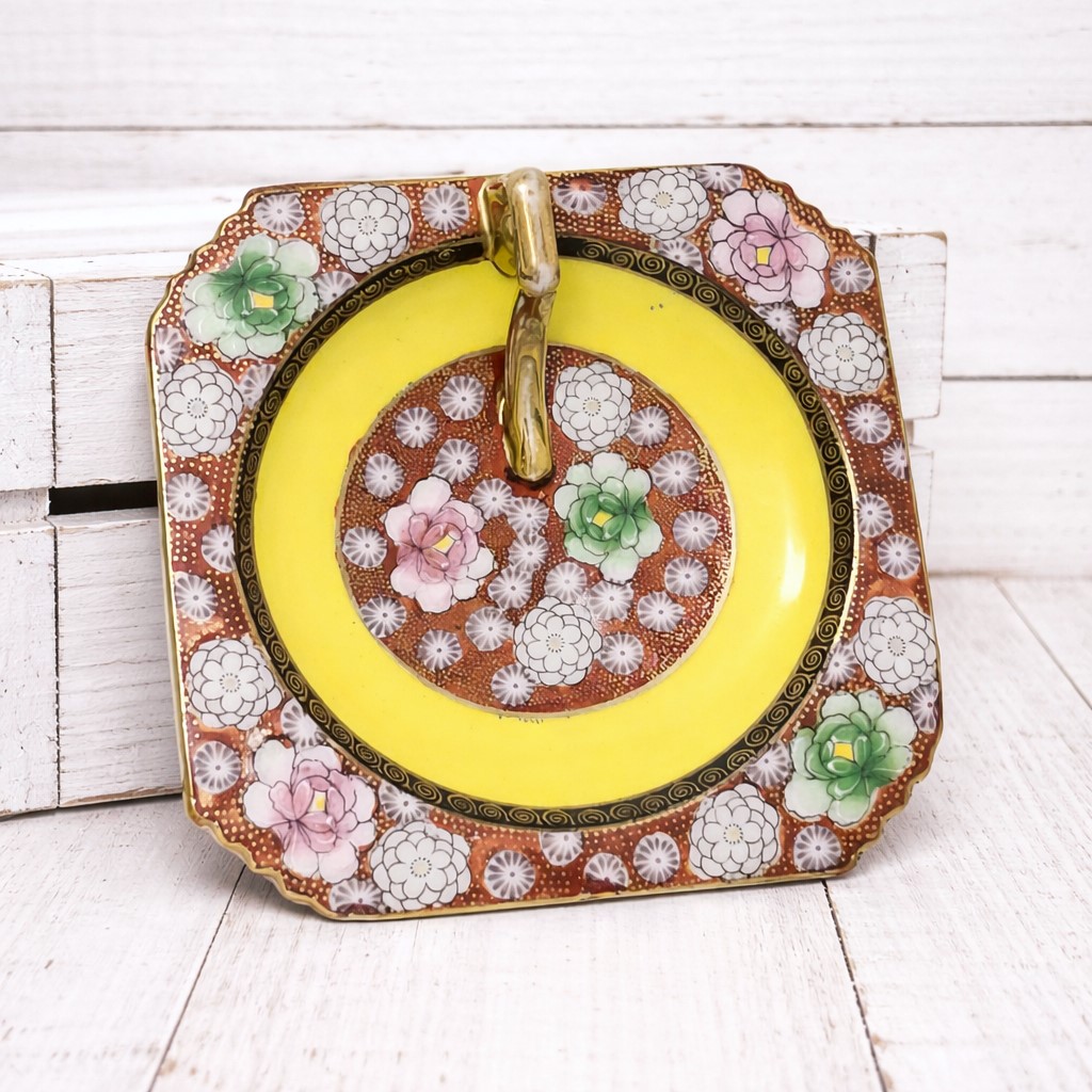 Vintage Handpainted Dish Signed Japan Lemon Bright Red and Yellow Floral Design