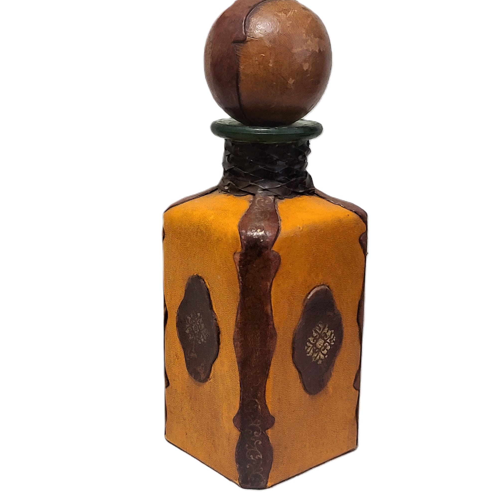 Vintage Italian leather covered wine bottle, liquor decantor