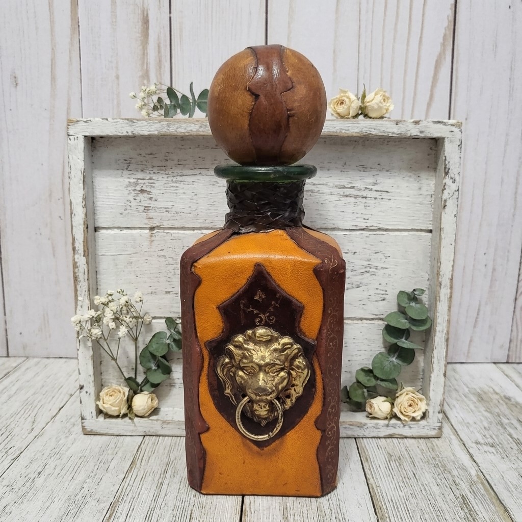 Vintage Italian Leather Cover Wine Bottle with Lion Crest Decor