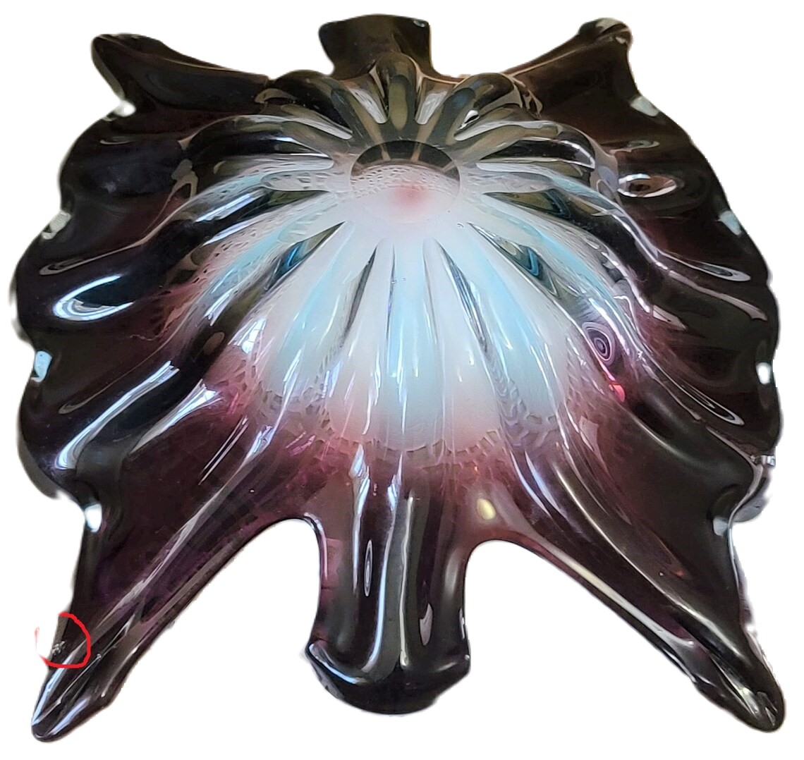 Vintage murano glass large candy dish, amethyst and teal blue