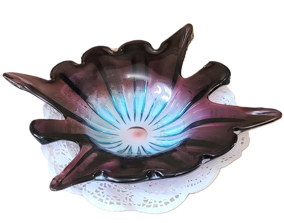 Vintage murano glass large candy dish, amethyst and teal blue